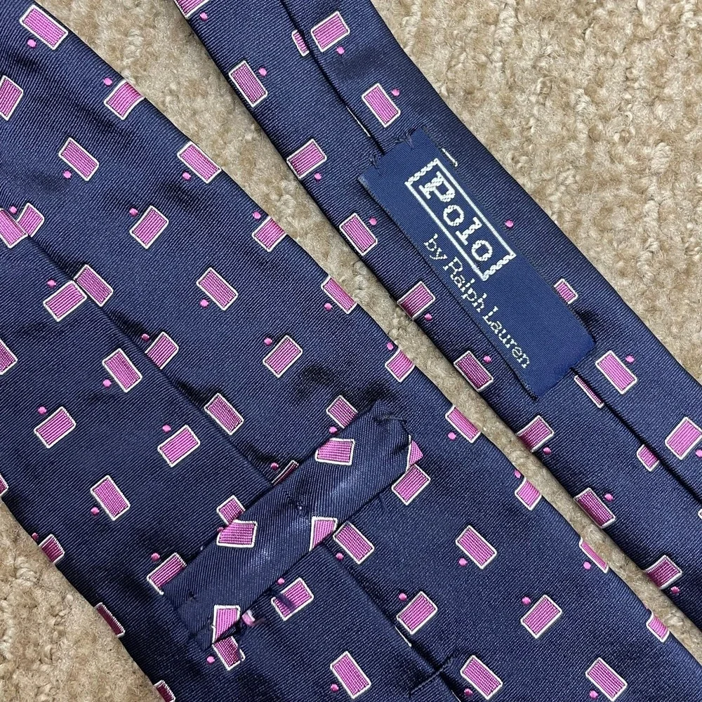 Polo by Ralph Lauren Vintage Blue Pink Geometric Silk Tie Handmade 3.75